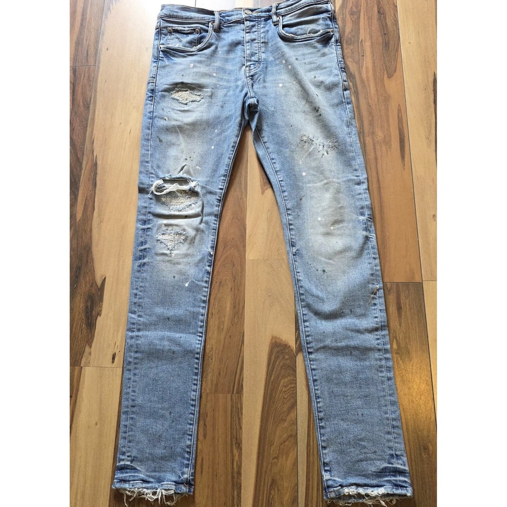 Purple Brand Slim Fit Low Rise Black Denim Jeans Paint Splatter Distressed 32x31